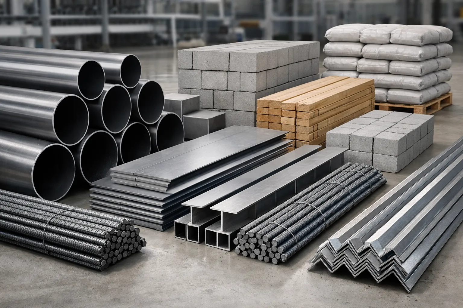 Organized stacks of steel pipes, rebar, metal beams, and construction materials including concrete blocks and lumber in a clean industrial warehouse setting.